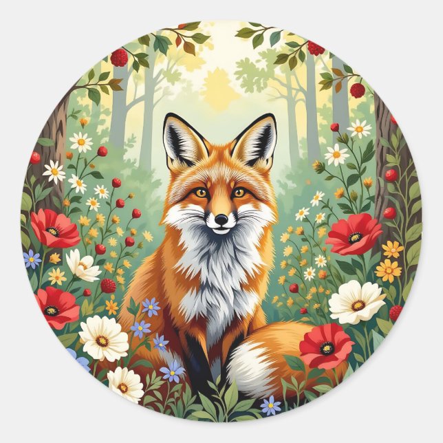 Fuchs-Wildblumen-Wald-Illustration Runder Aufkleber (Vorderseite)