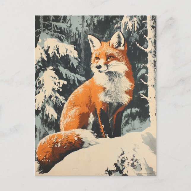 Fuchs Winter vintage  Postkarte (Vorderseite)