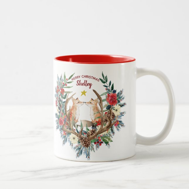 Fuchsbeeren-Kranz der frohen Weihnachten Zweifarbige Tasse (Rechts)