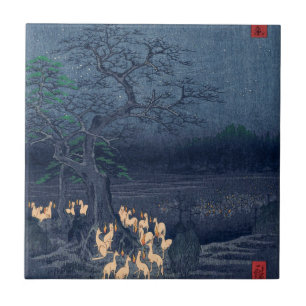 Füchse bei nächtlicher Shinto-Schrein-Vintage-Ukiy Fliese