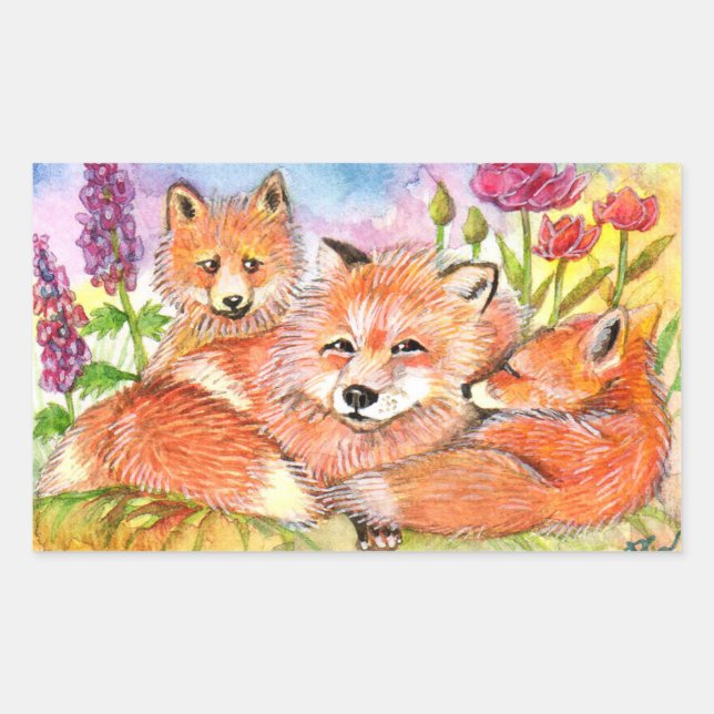 Füchse im Blume-Patch Rechteckiger Aufkleber (Vorderseite)
