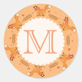 Füchse, Laurel und Herzkranz mit Monogramm Runder Aufkleber