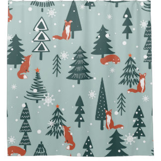 Füchse, Tannen, Winter, bunte Muster Duschvorhang