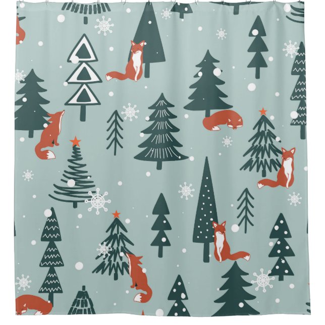 Füchse, Tannen, Winter, bunte Muster Duschvorhang (Vorderseite)