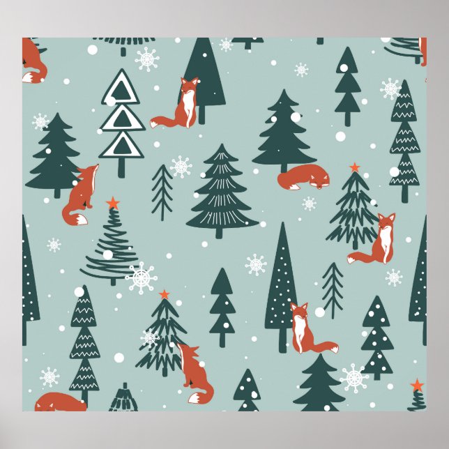 Füchse, Tannen, Winter, bunte Muster Poster (Vorne)