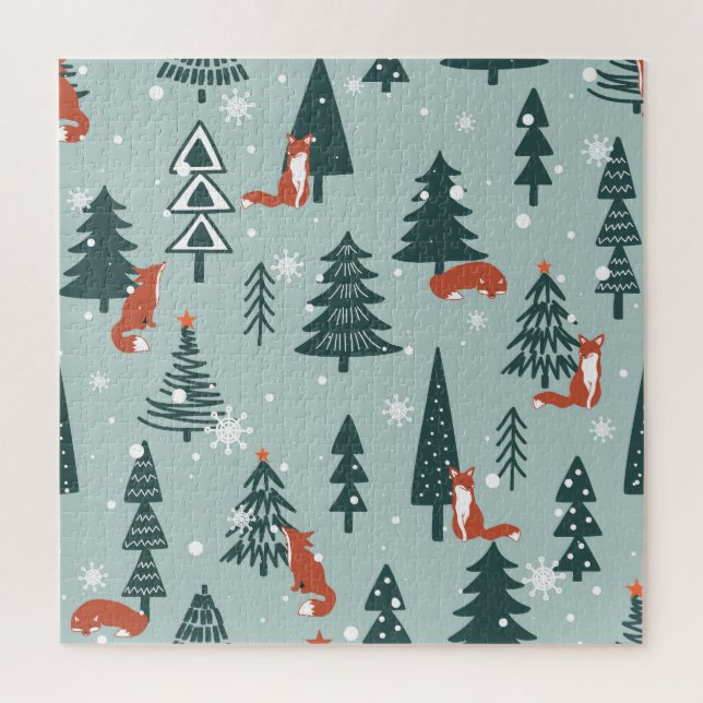 Füchse, Tannen, Winter, bunte Muster Puzzle (Vertikal)
