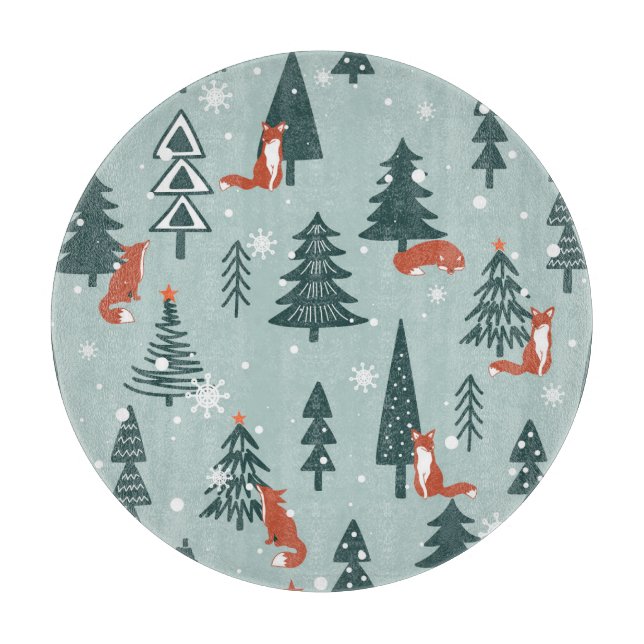 Füchse, Tannen, Winter, bunte Muster Schneidebrett (Vorderseite)