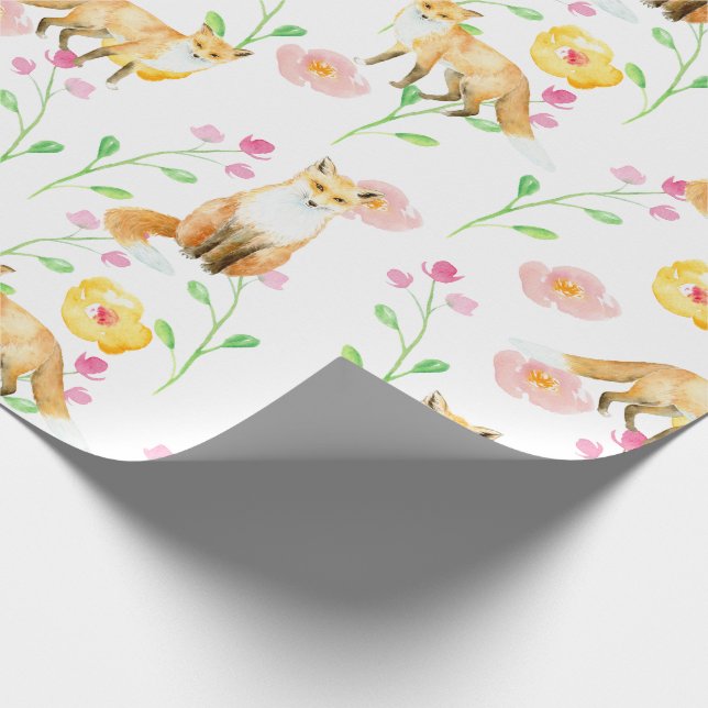 Füchse und Blume Rosa Gelbe Minze Wasserfarbe Geschenkpapier (Ecke)