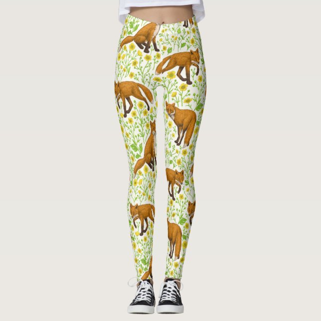 Füchse und Buttercups auf natürlichem Weiß Leggings (Vorderseite)