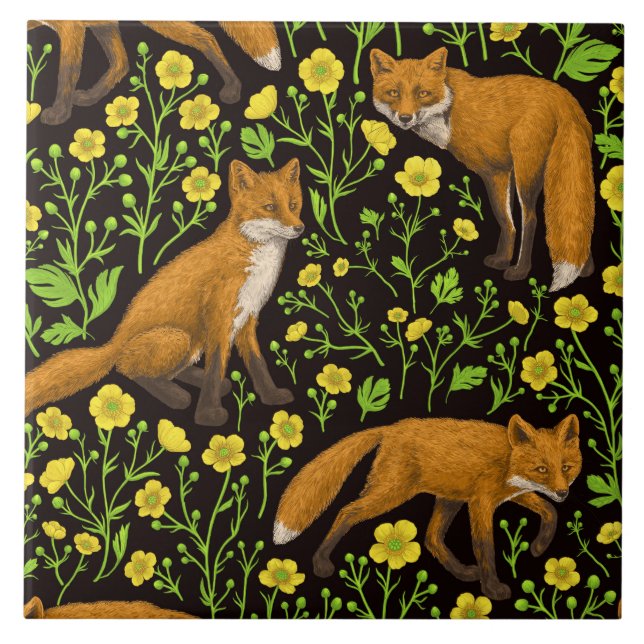Füchse und Buttercups auf schwarz Fliese (Vorderseite)