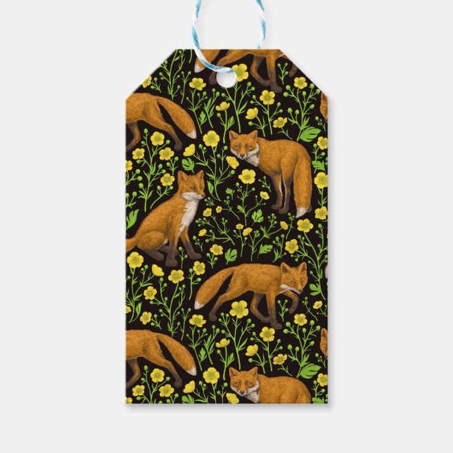 Füchse und Buttercups auf schwarz Geschenkanhänger (Vorderseite)
