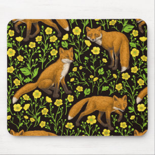 Füchse und Buttercups auf schwarz Mousepad