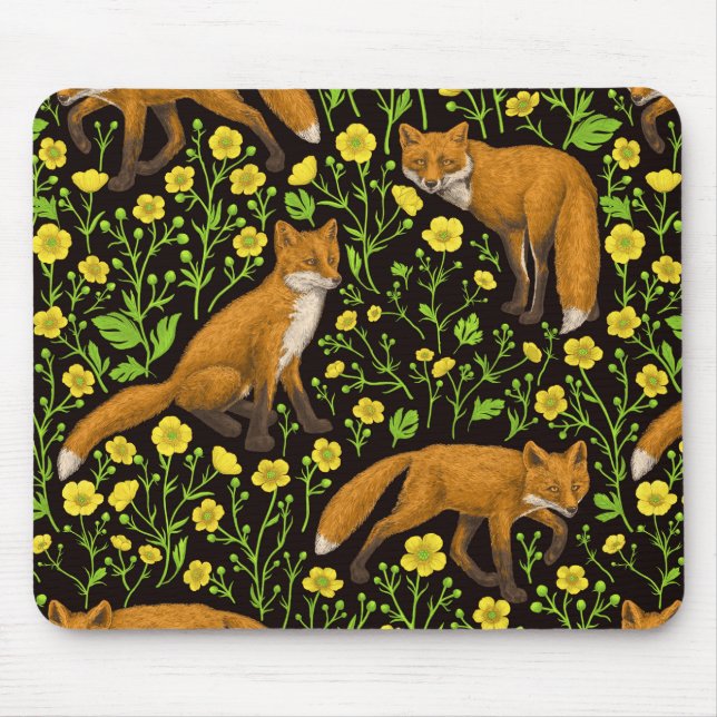 Füchse und Buttercups auf schwarz Mousepad (Vorne)