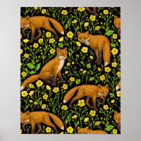 Füchse und Buttercups auf schwarz