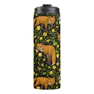 Füchse und Buttercups auf schwarz Thermosbecher