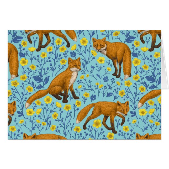 Füchse und Buttercups in Poolblau (Vorderseite (Horizontal))