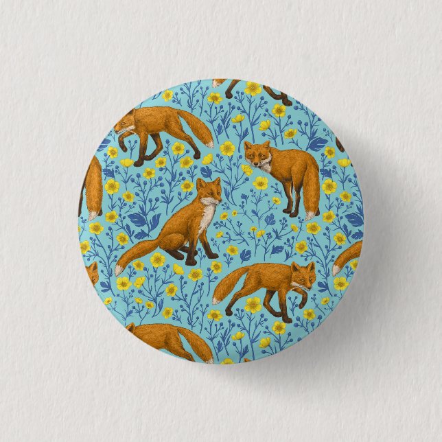 Füchse und Buttercups in Poolblau Button (Vorderseite)