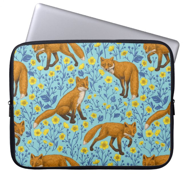 Füchse und Buttercups in Poolblau Laptopschutzhülle (Vorderseite)