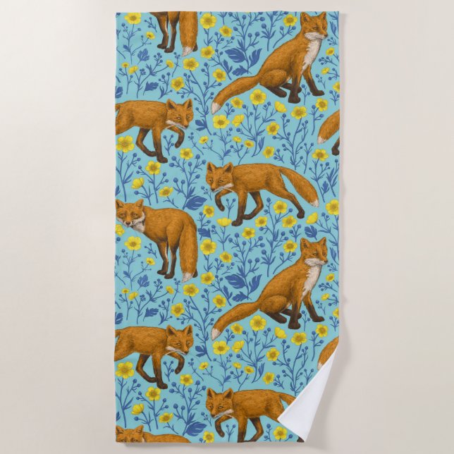 Füchse und Buttercups in Poolblau Strandtuch (Vorderseite)