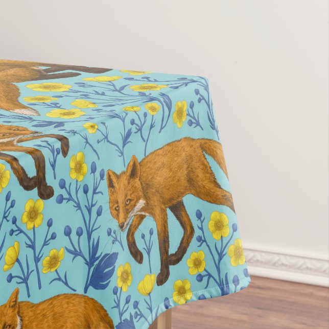 Füchse und Buttercups in Poolblau Tischdecke (Beispiel)