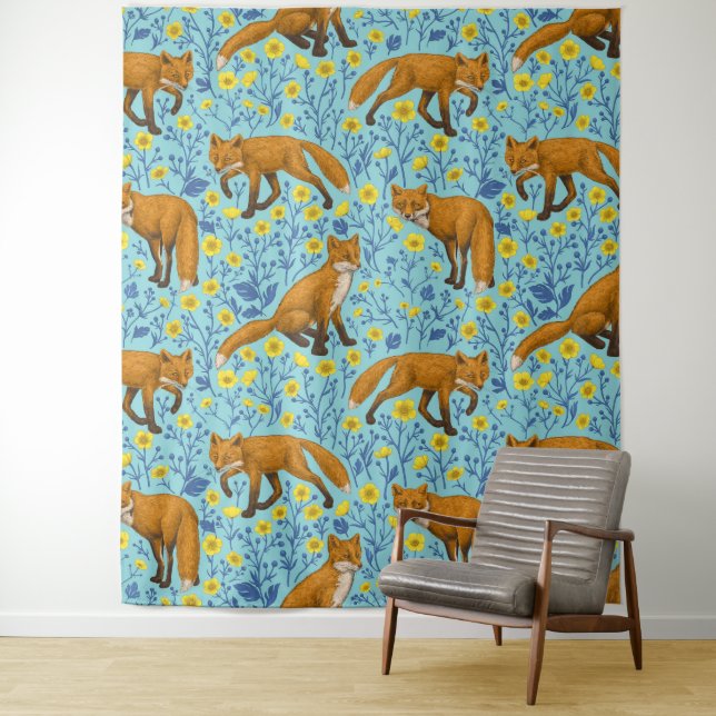 Füchse und Buttercups in Poolblau Wandteppich (Beispiel)