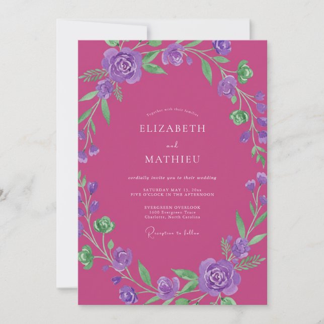 Fuchsia Amethyst Reben Hochzeit Einladung (Vorderseite)