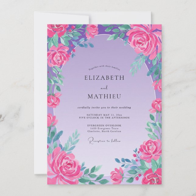 Fuchsia Amethyst Rosenhochzeit Einladung (Vorderseite)