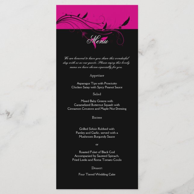 Fuchsia and Black Floral Filigree Wedding Menu Menükarte (Vorderseite)