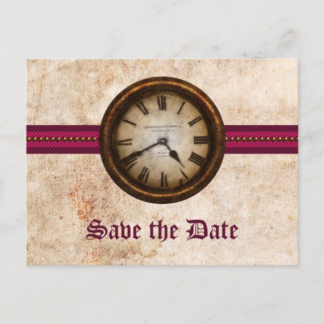 Fuchsia Antike Uhr Save the Date Postkarte (Vorderseite)