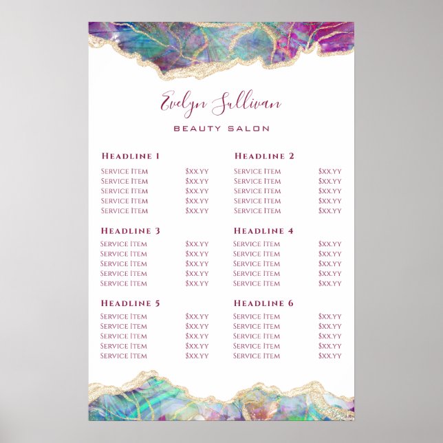 Fuchsia Aquamarine Opal Design Preisliste Poster (Vorne)