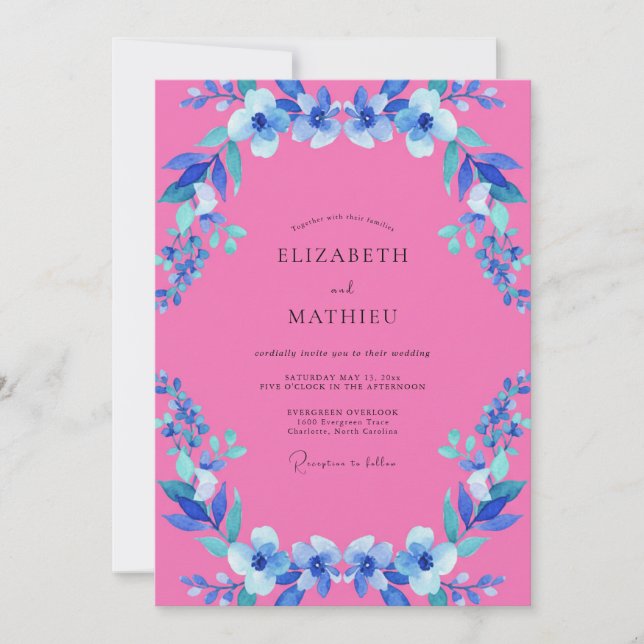 Fuchsia Azure Wildflower-Hochzeit Einladung (Vorderseite)