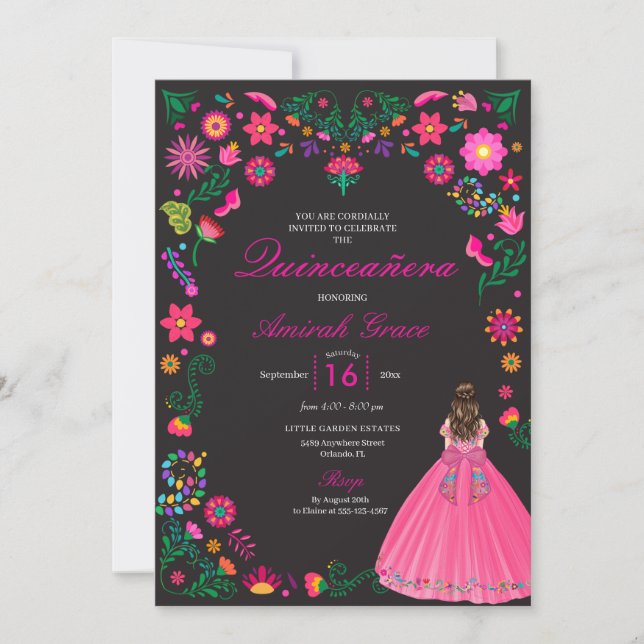 Fuchsia & Black Embroidery Quinceañera Einladung (Vorderseite)