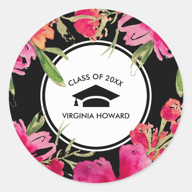 Fuchsia Black Floral Abschluss Runder Aufkleber (Vorderseite)