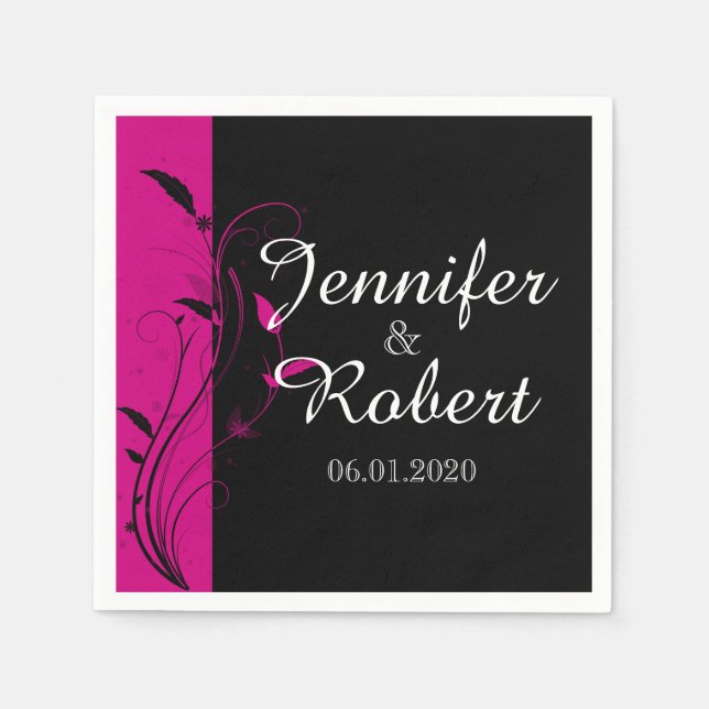 Fuchsia Black Floral Filigree Wedding Napkin Serviette (Vorderseite)