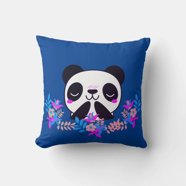 Fuchsia & Blue Floral Panda Bear Throw Kissen (Vorderseite)