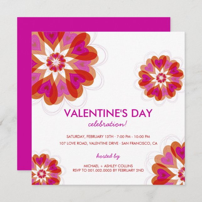 Fuchsia Blume Liebe Herz Valentine Party Einladung (Vorne/Hinten)