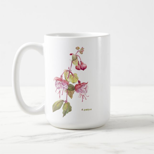 Fuchsia Blume rot und lila und Sprichwort Kaffeetasse (Links)