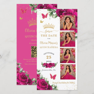 Fuchsia-Blumen-Fotoautomaten-Quinceanera-QR-Code Save The Date