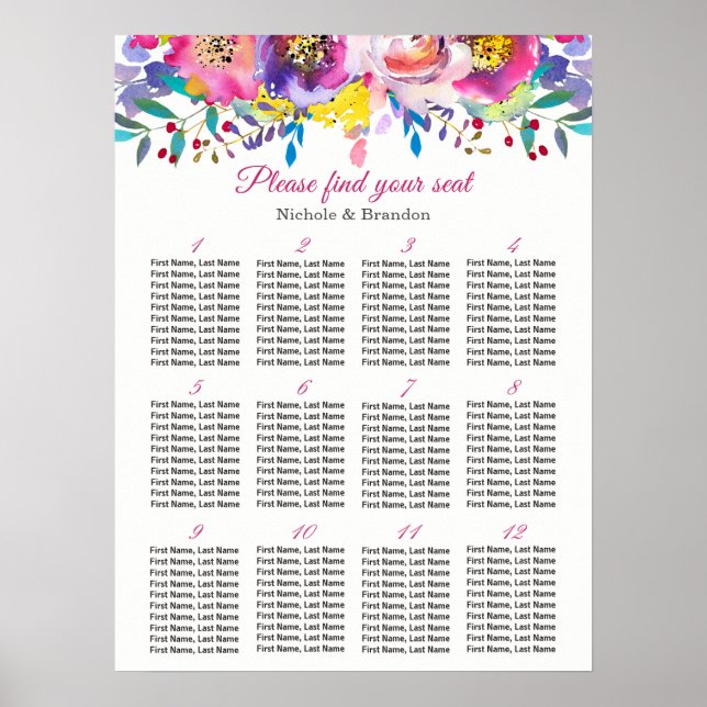 Fuchsia Blumenzelt 12 Tische Hochzeitskarte Poster (Vorne)
