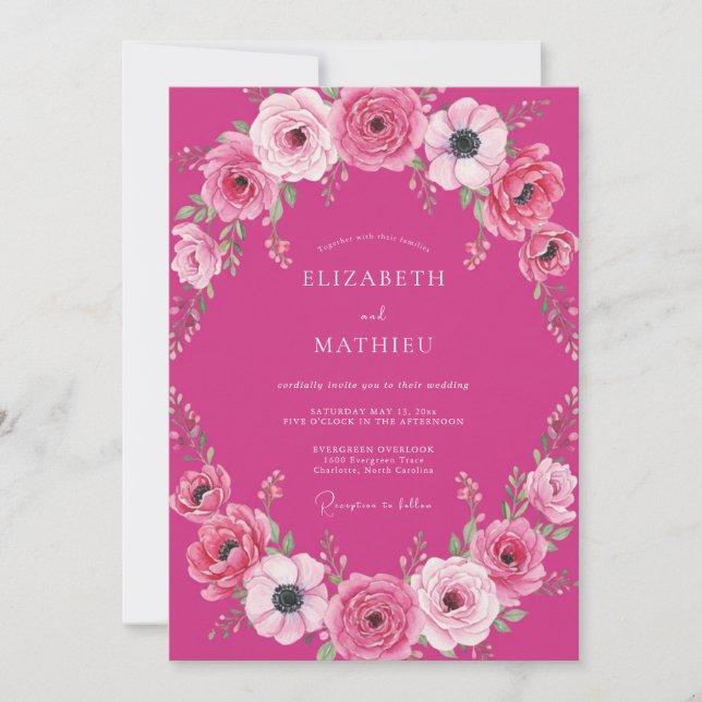 Fuchsia Bold Watercolor Romantische Hochzeit Einladung (Vorderseite)