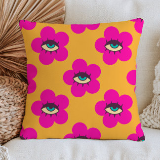 Fuchsia Böser Blick Daisy Blumen auf Gelb Retro Kissen