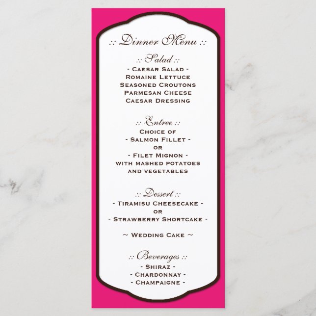 Fuchsia Brown & White Wedding Reception Menus Menükarte (Vorderseite)