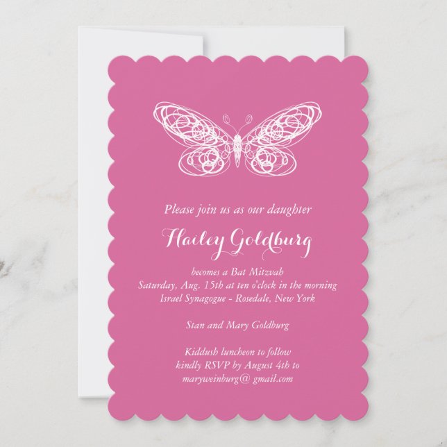 Fuchsia Butterfly Bat Mitzvah Einladung (Vorderseite)