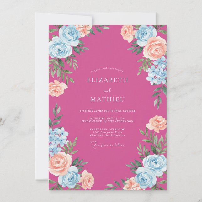 Fuchsia Cerulean Bloom Hochzeit Einladung (Vorderseite)