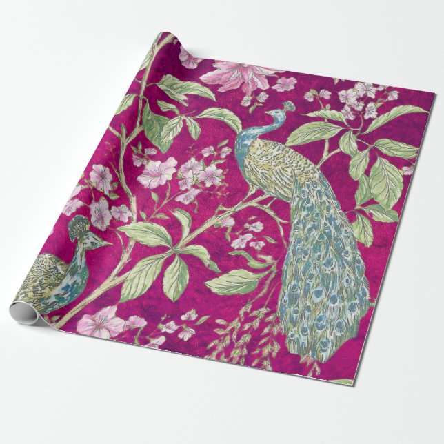 Fuchsia Chinoiserie Pfaue Entcouch Geschenkpapier (Ungerollt)