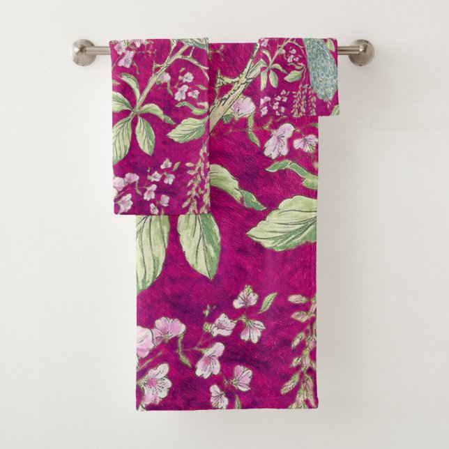 Fuchsia Chinoiserie Rodelbahn Badhandtuch Set (Insitu)