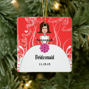 Fuchsia & Coral Wedding Brown Hair Bridesmaid Keramikornament