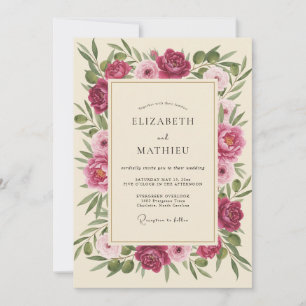 Fuchsia Creme-Blütenhochzeit Einladung