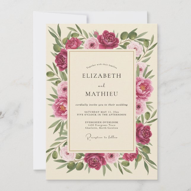 Fuchsia Creme-Blütenhochzeit Einladung (Vorderseite)