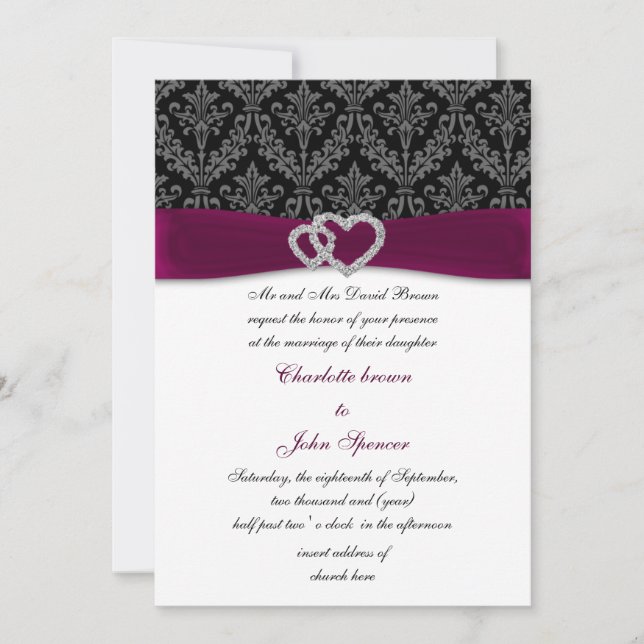 Fuchsia Damask IMITATE Band Diamante Hochzeit Einladung (Vorderseite)